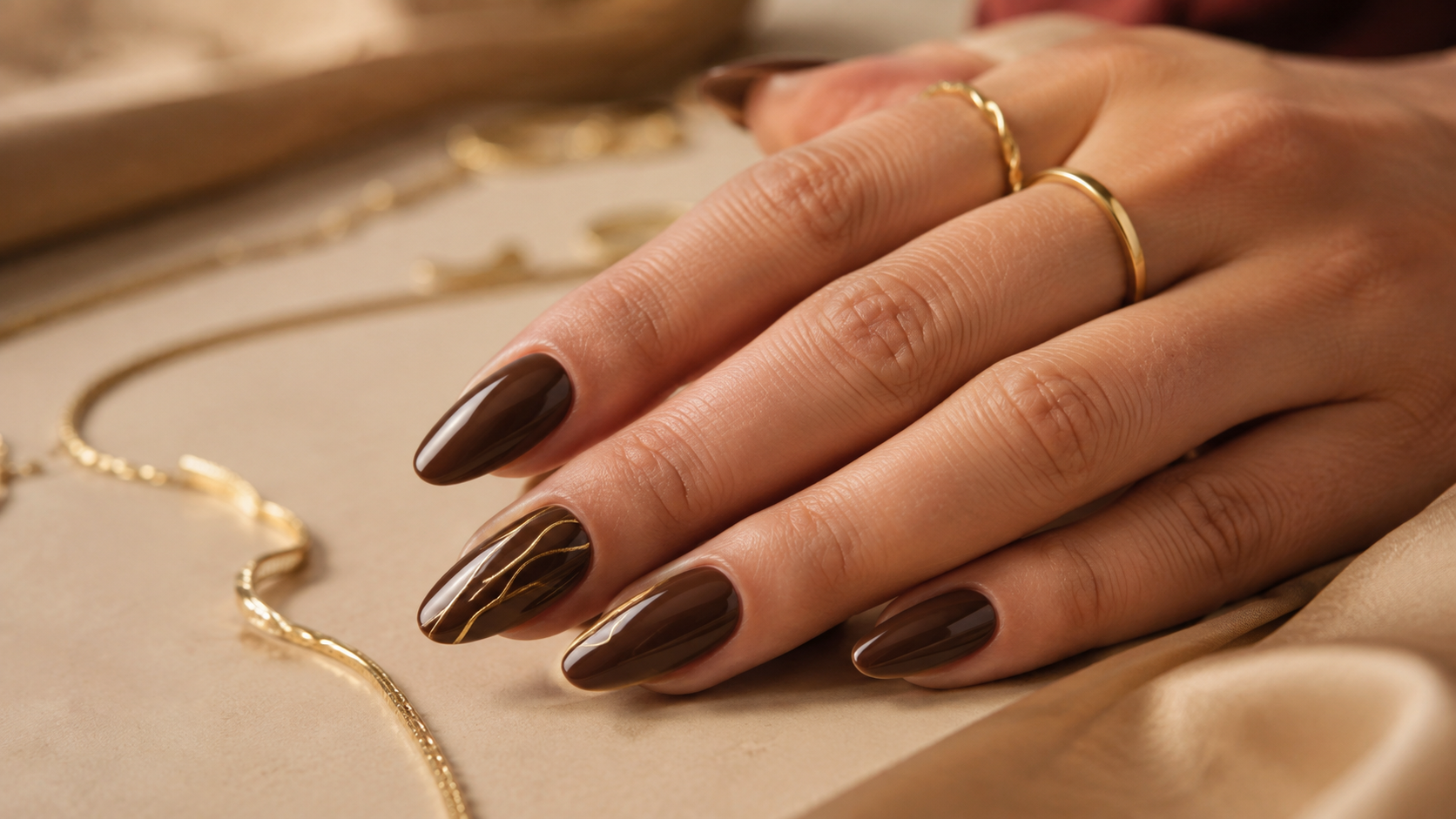 Espresso Brown & Gold Accent Nails September Nail Ideas 2026